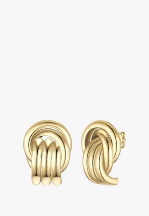 Par de pendientes en forma de nudos de color dorado brillante, con múltiples bucles entrelazados y cierre tipo push-back.