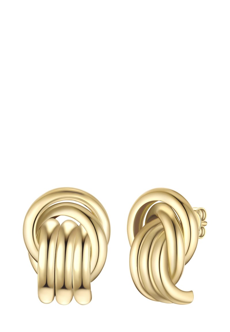 Ein Paar glänzender goldener Ohrstecker im Knoten-Stil mit mehreren ineinander verwobenen Schleifen und Druckverschluss.