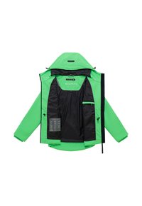 Grüne Kapuzenjacke, offen, um das schwarze Innenfutter, eine Innentasche mit Reißverschluss und das Markenetikett "Marikoo" am oberen Rücken innen zu zeigen.