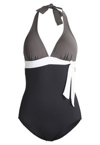Maillot de bain une pièce avec un design à col halter, en gris et noir, avec une bande d'accent blanche et un détail noué à la taille.
