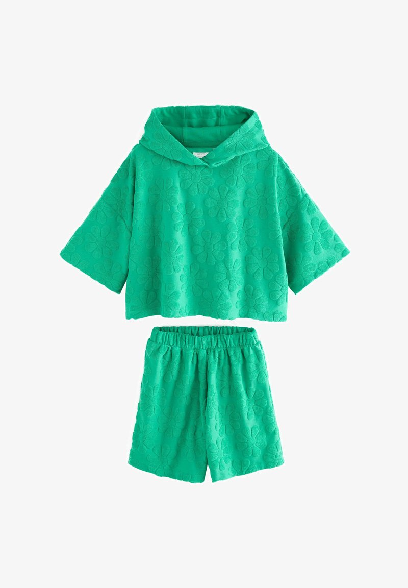 Green terry cloth short-sleeve hoodie and matching elastic waist shorts set with embossed floral pattern.