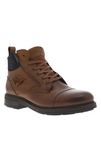 Botas de cuero marrón hasta el tobillo con punta redonda, que cuentan con cordones, cierre lateral con cremallera y detalles en tela negra en la parte superior.