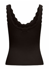 Haut noir côtelé sans manches avec des bords festonnés le long de l'encolure et des bretelles, silhouette ajustée, sans motifs ni logos visibles.