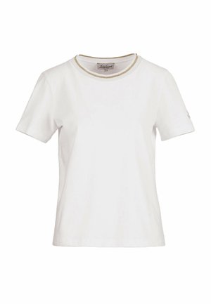 Biała koszulka z krótkim rękawem z okrągłym dekoltem ozdobionym subtelną złotą lamówką oraz małym logo na lewym rękawie.