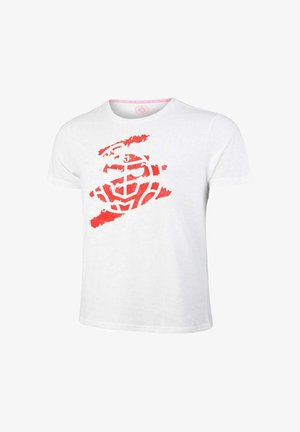 T-shirt bianco in cotone con un design grafico rosso che presenta elementi circolari e striati sul davanti. Maniche corte e scollatura rotonda.