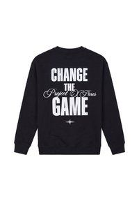 Sweat-shirt noir à manches longues avec texte blanc au dos indiquant "CHANGE THE Project Pars GAME" et un petit symbole d'étoile en dessous.