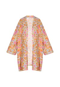 Kimono florale cu un fundal albastru deschis, modele vii în nuanțe de portocaliu și roz, mâneci largi și un design deschis în față. Textură de țesătură moale.
