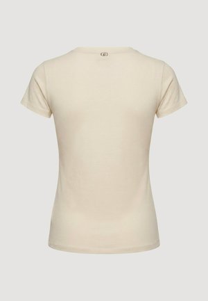 T-shirt beige a maniche corte, aderente, con un piccolo logo stampato nella parte superiore centrale della schiena, vicino allo scollo.