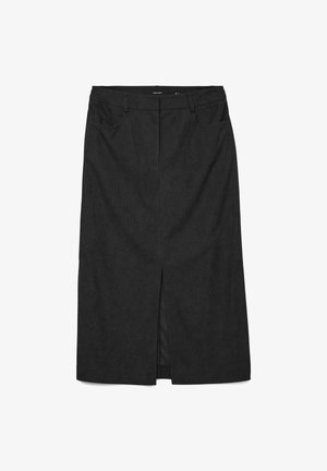 Juoda pieštuko sijonas su priekyje plyšiu, pagamintas iš tekstūruoto audinio. Yra dvi priekinės kišenės ir prigludusi juosmens dalis.