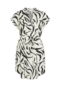 Vestido de manga corta en tejido ligero, con un patrón abstracto en blanco y negro, cinturilla anudada y corte relajado.