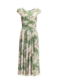 Robe midi verte avec imprimé floral rose et blanc, corsage froncé, manches courtes et jupe fluide.
