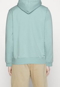 Jasnoniebieska bluza z kapturem na sznurek, miękka w dotyku, z długimi rękawami, ściągaczami na mankietach i u dołu, pokazana od tyłu na neutralnym tle.