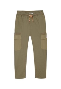 Olijfgroene cargobroek van een katoenmix met een trekkoord in de taille, twee zijzakken en contrasterende paneelaccenten op de benen.