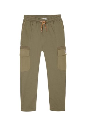 Olijfgroene cargobroek van een katoenmix met een trekkoord in de taille, twee zijzakken en contrasterende paneelaccenten op de benen.