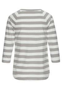 Gestreiftes Longsleeve-Oberteil in Grau und Weiß, mit rundem Ausschnitt und Raglanärmeln. Weicher Stoff mit leichter Textur.