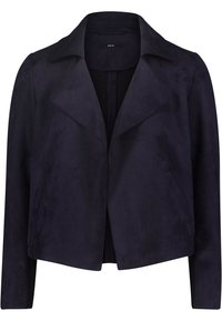 Tummansininen mokkajakku, jossa on leveät kaulukset, pitkät hihat ja avoin etuosa, suunniteltu istuvaksi.