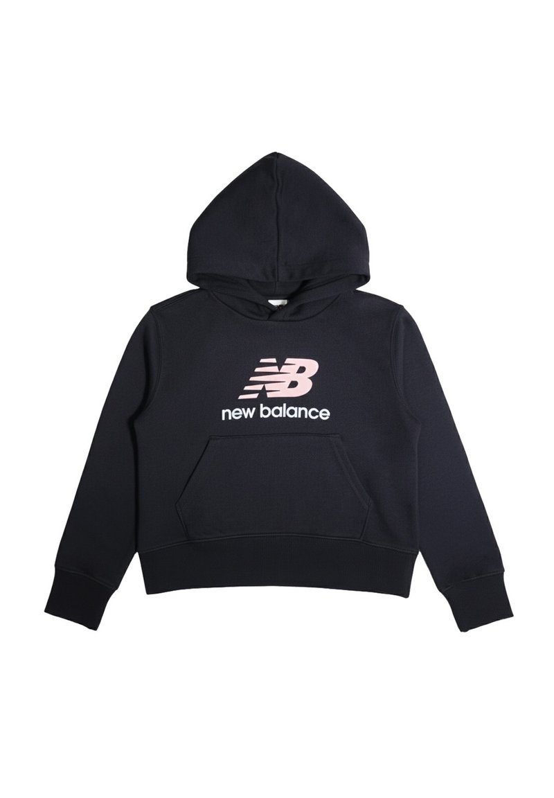 Hoodie cropped nero con cappuccio regolabile, tasca frontale a marsupio, logo "New Balance" rosa e polsini e orlo a coste. Realizzato in tessuto morbido.