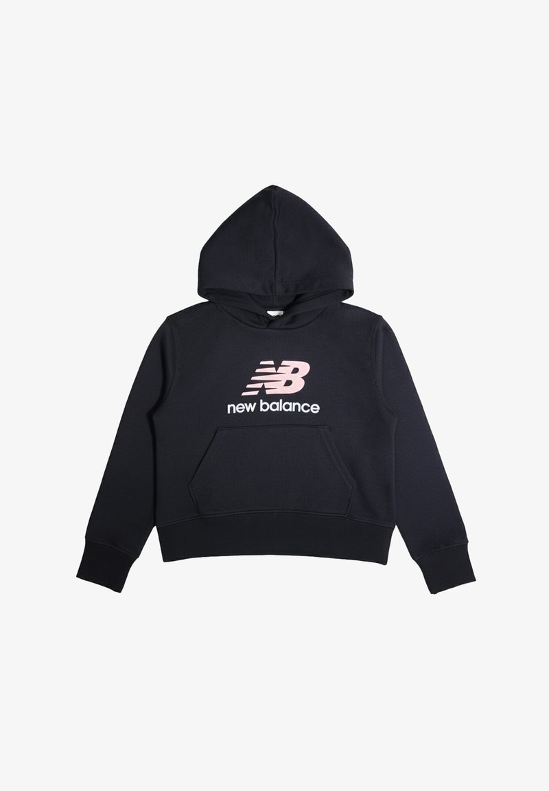 Hoodie cropped nero con cappuccio regolabile, tasca frontale a marsupio, logo "New Balance" rosa e polsini e orlo a coste. Realizzato in tessuto morbido.