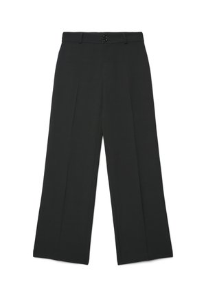 Pantaloni neri a gamba larga in tessuto liscio, con chiusura a bottone e due pieghe frontali per un look sartoriale.