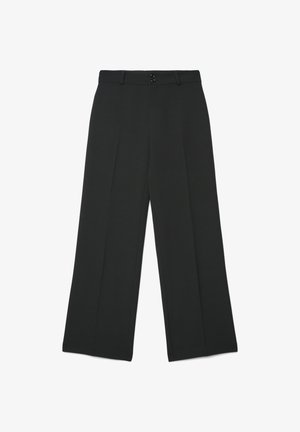 Pantaloni neri a gamba larga in tessuto liscio, con chiusura a bottone e due pieghe frontali per un look sartoriale.