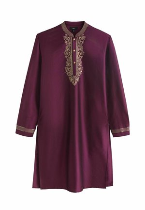 Purple tunic with a mandarin collar, gold embroidery along the placket, and accented cuffs, made from a textured fabric.
