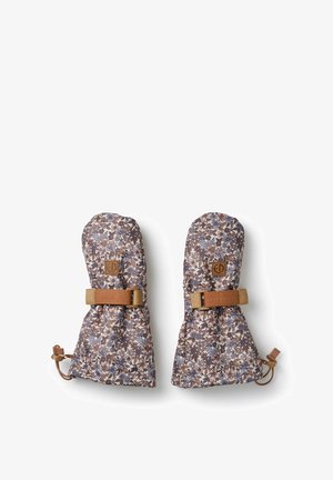 Kukkatulosteiset lapaset ruskea- ja sinisävyisessä suunnittelussa, joissa on tekstuuri, varustettuna säädettävillä nahkaremmeillä ja logolla.