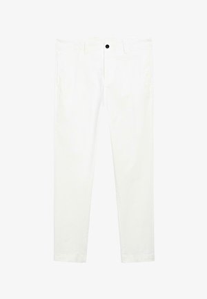 Pantaloni bianchi in cotone con taglio dritto, dotati di chiusura anteriore con bottone, due tasche laterali e senza motivi o decorazioni visibili.