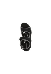 Schwarze Sandale mit einem synthetischen Obermaterial, verstellbaren Klettverschlussriemen und einer gepolsterten Innensohle. Verfügt über einen grauen Rand und ein Logo auf der Innensohle.