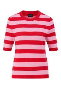 Gebreide top met korte mouwen, horizontale rode en roze strepen en een ronde halslijn.