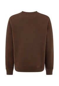 Brązowa bluza z okrągłym dekoltem, ściągaczami przy rękawach i u dołu. Gładka tekstura, brak widocznych wzorów lub logo, luźny fason.