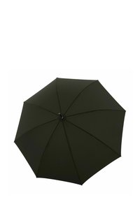 Dunkelgrüner Regenschirm mit einem glatten Stoffdach, acht Paneelen und einem schwarzen Kunststoffgriff. Verfügt über eine typische runde Form für den Schutz.