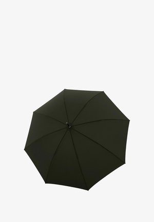Dunkelgrüner Regenschirm mit einem glatten Stoffdach, acht Paneelen und einem schwarzen Kunststoffgriff. Verfügt über eine typische runde Form für den Schutz.