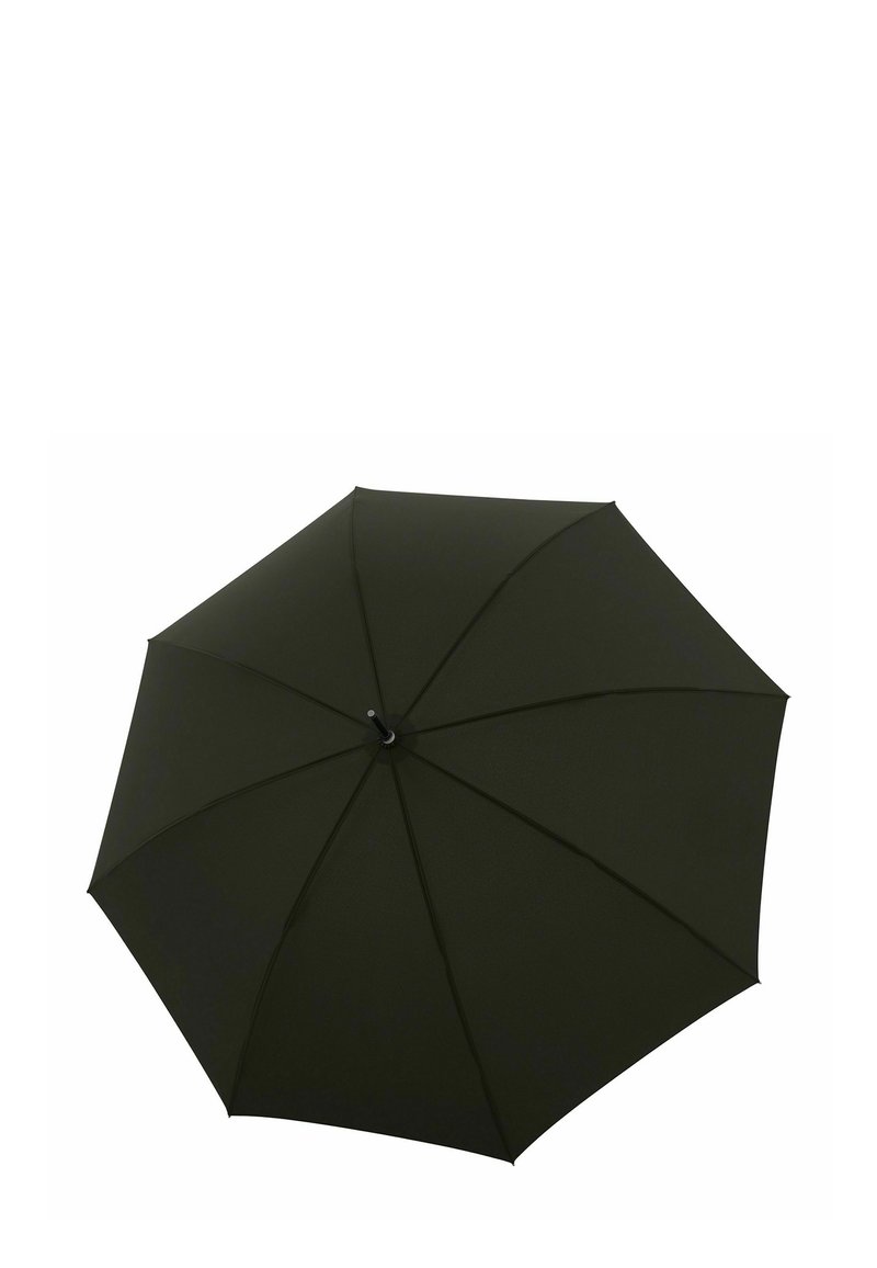Dunkelgrüner Regenschirm mit einem glatten Stoffdach, acht Paneelen und einem schwarzen Kunststoffgriff. Verfügt über eine typische runde Form für den Schutz.