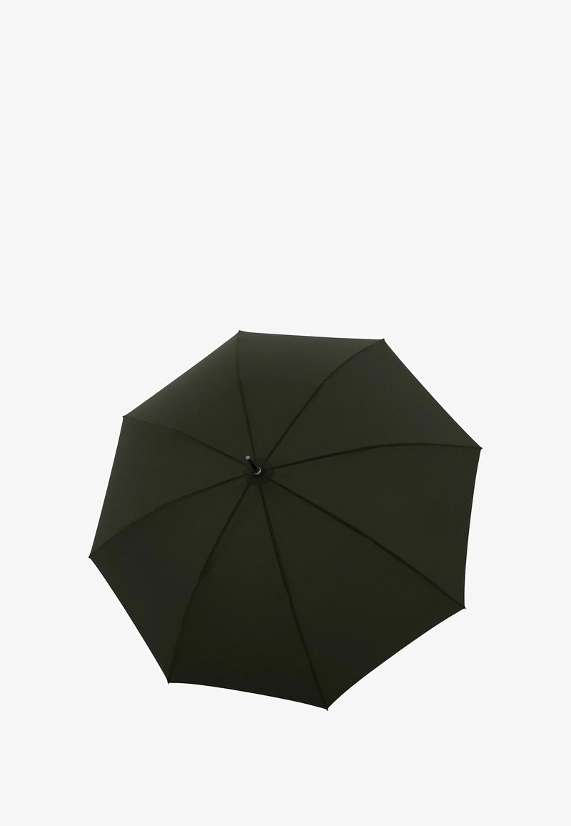 Dunkelgrüner Regenschirm mit einem glatten Stoffdach, acht Paneelen und einem schwarzen Kunststoffgriff. Verfügt über eine typische runde Form für den Schutz.