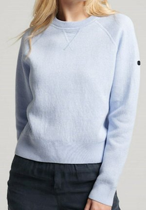 Sweat-shirt bleu clair à col ras du cou avec poignets et ourlet côtelés, porté avec un pantalon noir, vu du cou jusqu'aux hanches.