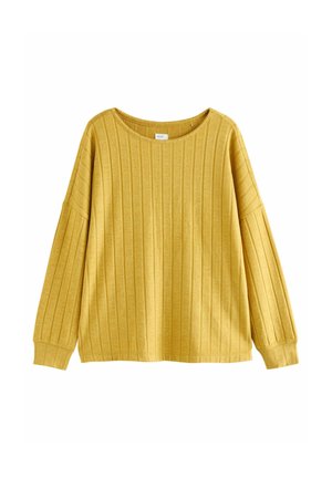 Yellow long-sleeve sweater featuring a ribbed texture, wide neckline, and relaxed fit. Made from soft material for comfort.