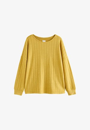 Gelber Langarmpullover mit geripptem Muster, weitem Halsausschnitt und lockerer Passform. Aus weichem Material für hohen Tragekomfort.