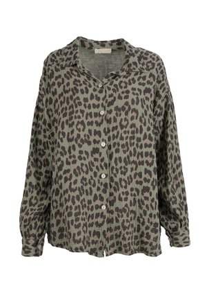 Langärmliges Hemd mit Knopfleiste, grün-schwarzem Leopardenmuster und Kragen, aus leichtem strukturiertem Stoff.