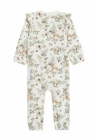 Langærmet baby romper med flæser på skuldrene, prydet med et mønster af skovdyr og blomster på en hvid baggrund.