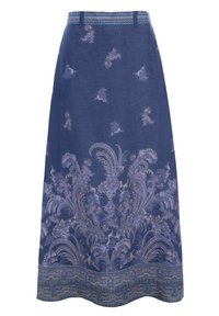 Langer blauer Rock mit floralen und paisleyartigen Mustern in hellen Farben. Strukturiertes Gewebe mit einem gemusterten Taillenbund und Saum.