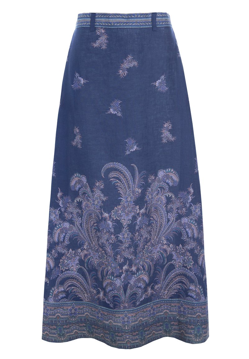 Langer blauer Rock mit floralen und paisleyartigen Mustern in hellen Farben. Strukturiertes Gewebe mit einem gemusterten Taillenbund und Saum.