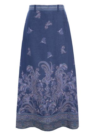 Langer blauer Rock mit Blumen- und Paisleystickereien in lila und pink, ausgestattet mit einem gemusterten Bund und einem fließenden Design.