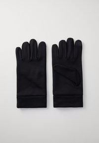 Zwarte polyesteren handschoenen met een gladde textuur, aansluitende vingers en een omgeslagen manchet voor een veilige pasvorm. Touchscreen-compatibele vingertop.