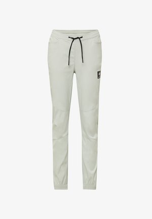 Light gray jogger pants with a drawstring waist, featuring side pockets and reinforced knee sections; subtle sheen and elastic cuffs.
