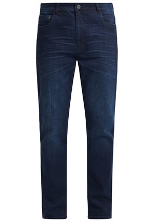 Jean en denim bleu foncé avec une coupe droite, style cinq poches, détails de décoloration subtils et fermeture à bouton en métal classique.