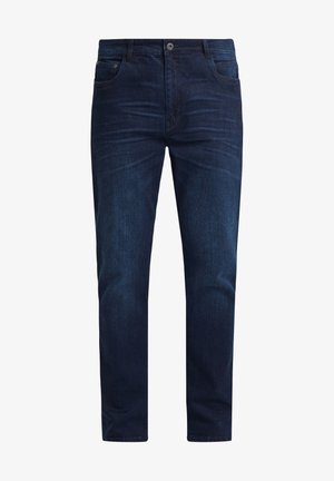 Jean en denim bleu foncé avec une coupe droite, style cinq poches, détails de décoloration subtils et fermeture à bouton en métal classique.