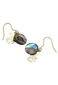 Guldbelagte øreringe med to iriserende abalone-skaller og en palmetræ charm. Krogene er designet til nem brug.