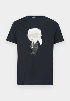 Black cotton t-shirt featuring a cartoon character in a suit and sunglasses, with white detailing on the character and a classic crew neckline.