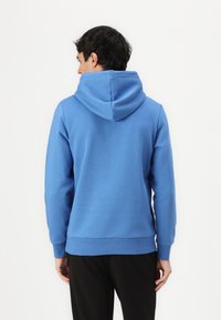 Hellblaues Hoodie mit Kordelzugkapuze, gerippten Bündchen und Saum, aus weichem Material. Verfügt über eine glatte Textur und ein einfaches, minimalistisches Design.