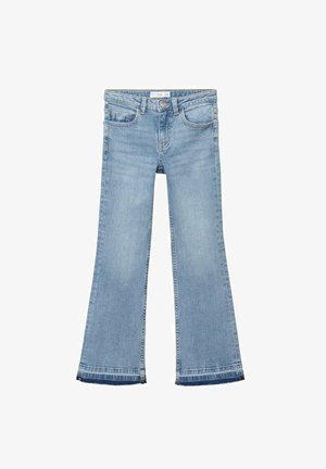 Lichtblauwe uitlopende jeans met een hoge taille, voorzien van vijf zakken, een knoopsluiting en een onbewerkte zoom aan de onderkant. Katoenmix stof.